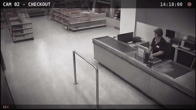 Animated photorealistic security-camera clip of a supermarket checkout in which a queue grows from empty to seven people and then drains, with a timestamp advancing in the corner.