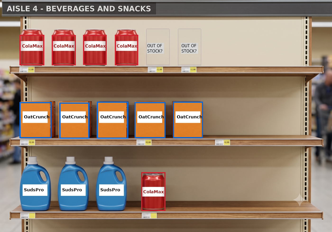 The shelf image with red rectangles around ColaMax containers and blue rectangles around OatCrunch boxes; out-of-stock shelf tags are sometimes boxed in red as false positives.