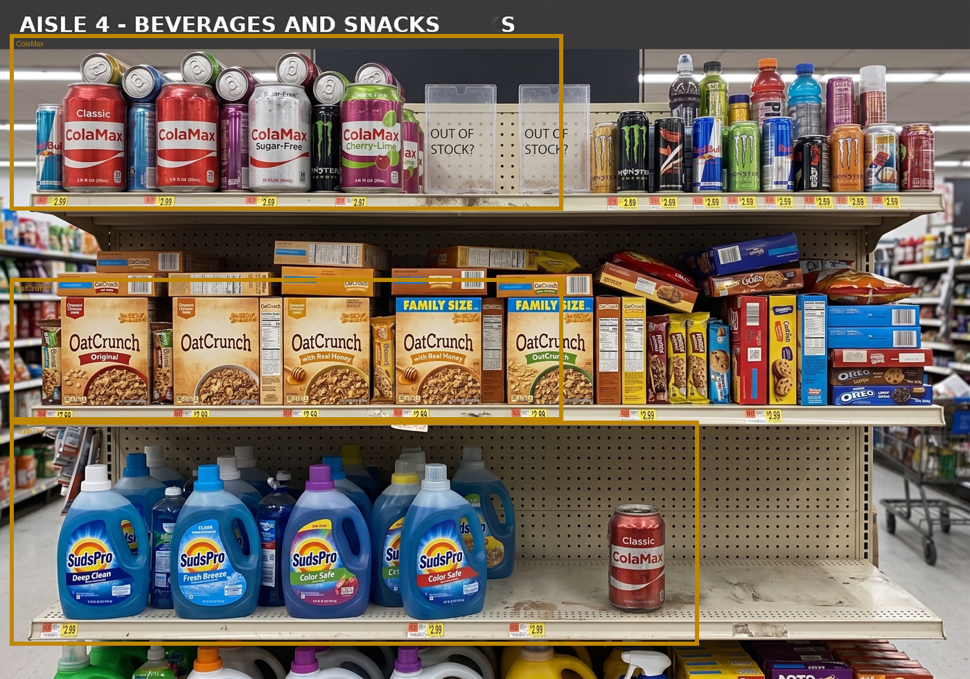 The crowded shelf image with three labeled rectangles: a ColaMax zone on the top shelf including its out-of-stock tags, an OatCrunch zone on the middle shelf, and a SudsPro zone on the bottom shelf including an empty stretch.